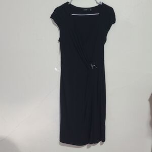 Black Sheath Midi Dress with V-Neck and Cap Sleeves